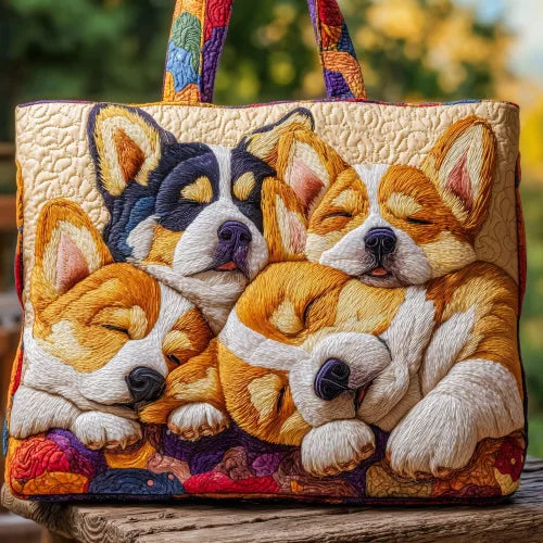🐶💤 Sleeping Corgis Design Quilted Embroidered Tote Bag - YS99 💤 🐶