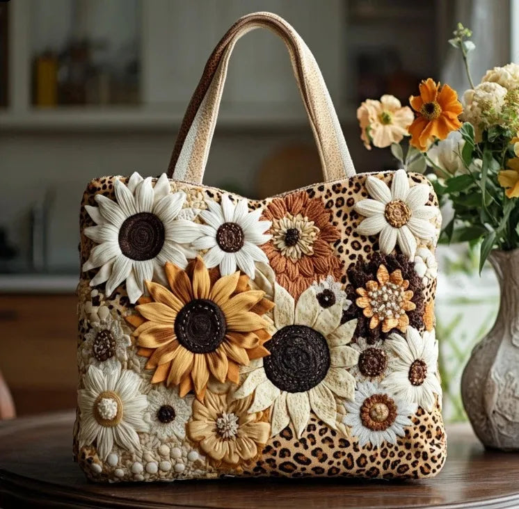 🌻 Beige/Yellow Sunflower & Leopard Print Quilted Embroidered Tote Bag - YS85 🐆