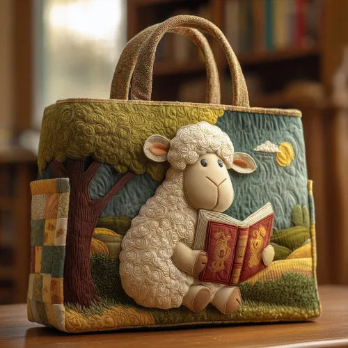 🐑📚 Sheep Reading a Book Design Quilted Embroidered Tote Bag - 141|G322 📚🐑