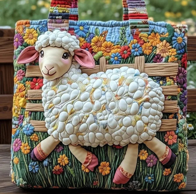 🐑 Cute Sheep Design Quilted Embroidered Tote Bag - YS93 🐑