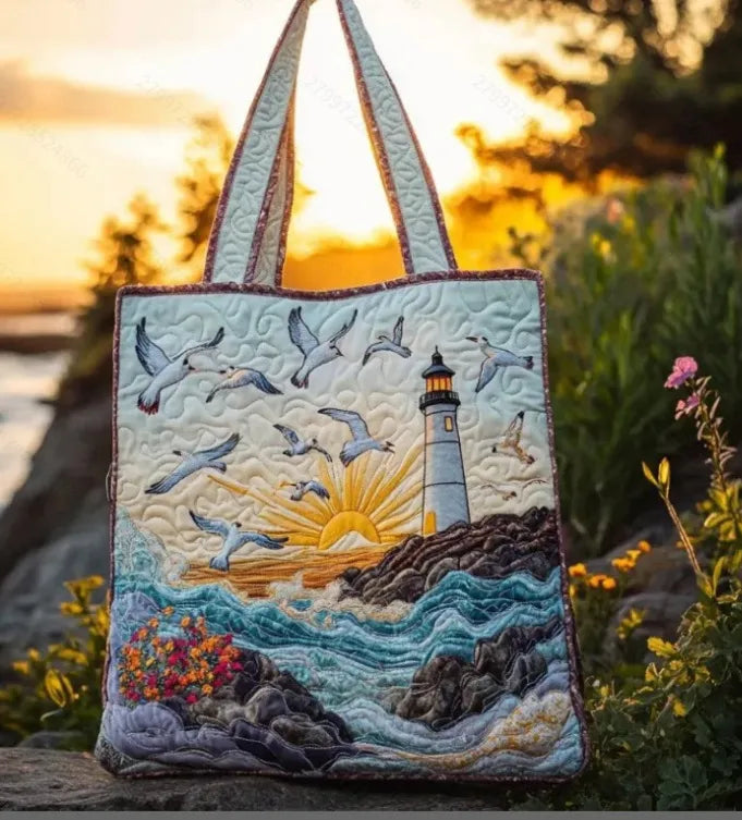 🌊 Lighthouse & Seagulls Scene Design Quilted Embroidered Tote Bag - YS57|G320 🌊