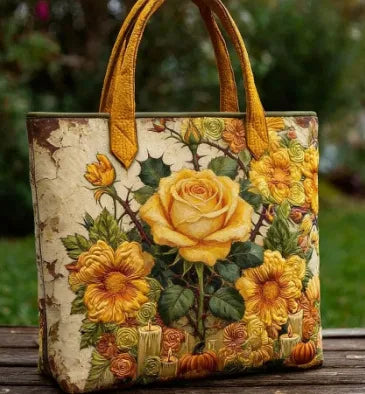 💛 Yellow Rose & Flowers Design Quilted Embroidered Tote Bag - YS92 💛