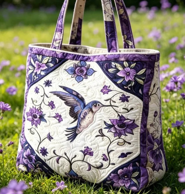 💜 Purple Hummingbird Design Quilted Embroidered Tote Bag - YS76|G320 💜