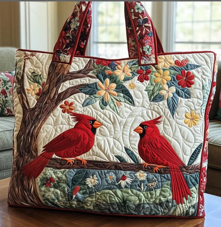 🐦 Red Birds Design Quilted Embroidered Tote Bag - YS74|G321 🐦