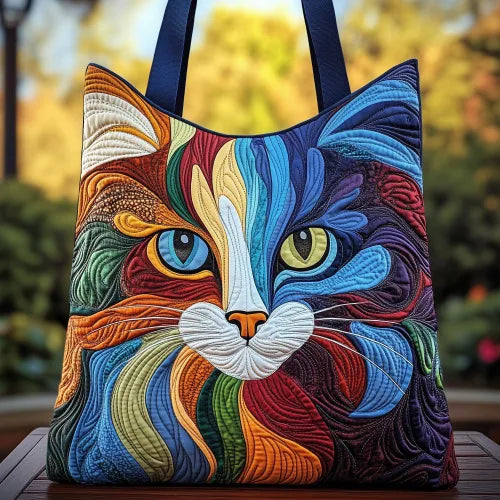 🌈🐱 Multicoloured Cat Design Quilted Embroidered Tote Bag - YS96 🌈🐱