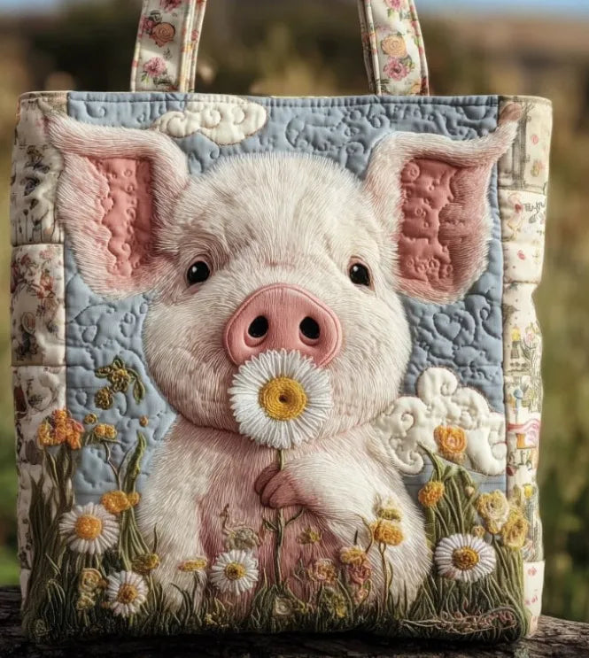 🐷 Piglet Design Quilted Embroidered Tote Bag - YS58|G322 🐷