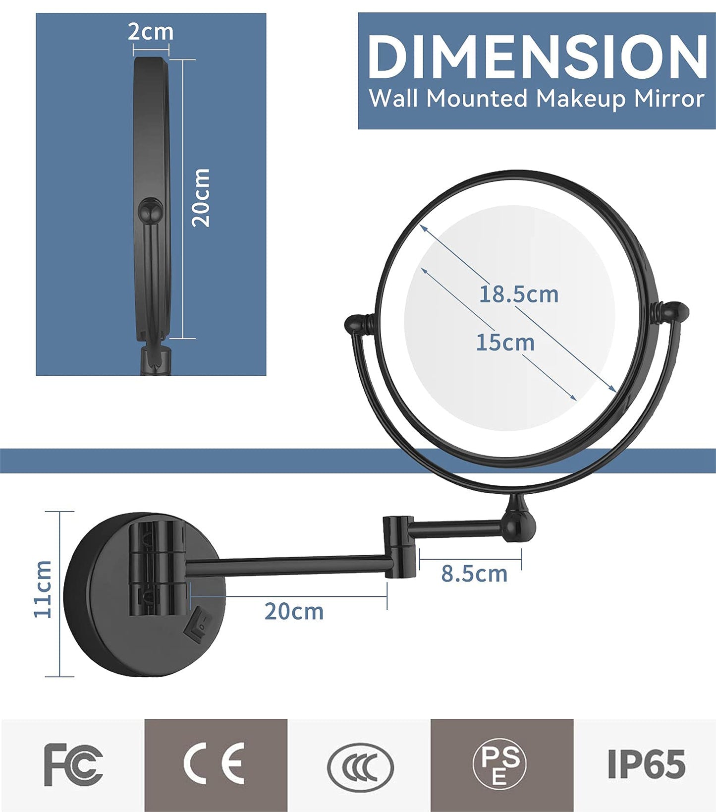 LED 20cm 360° Rotatable Wall Mounted Magnifying Mirror - Bronze