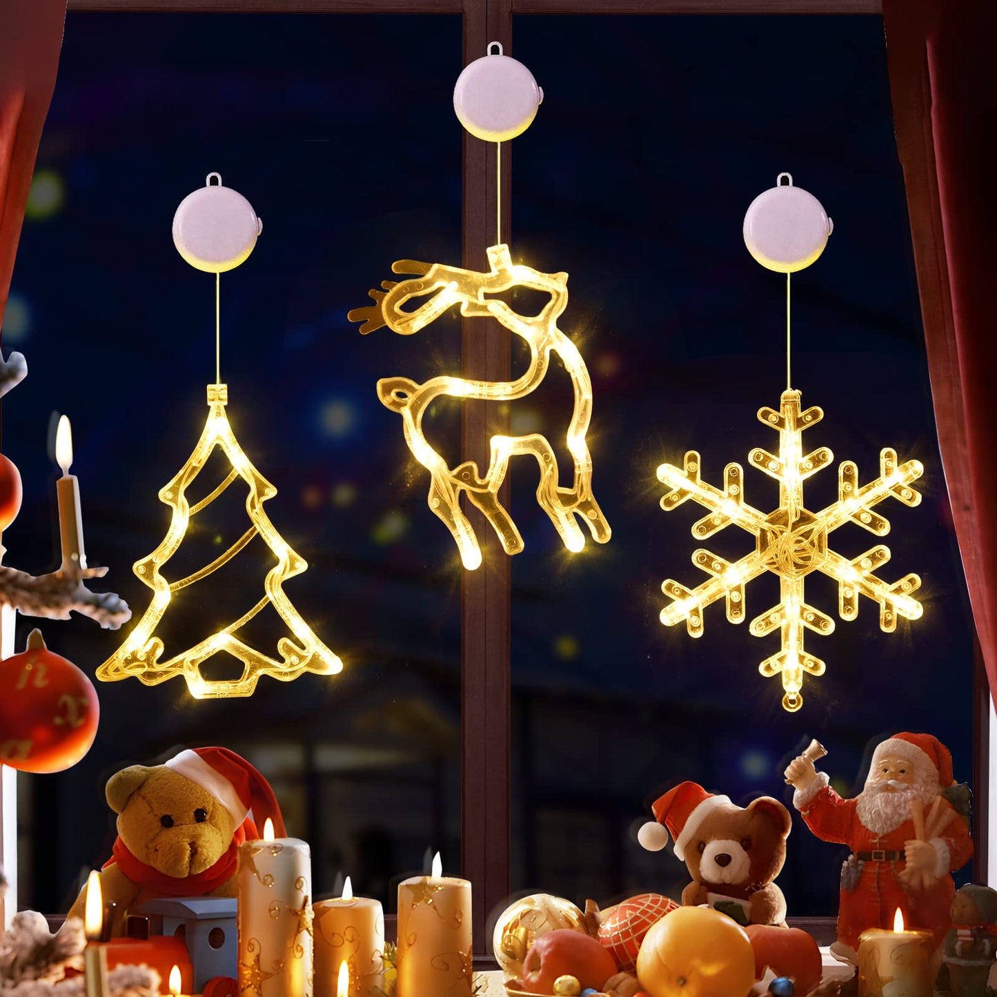 ✨🦌❄️ Warm White Reindeer & Snowflake Window Lights – 3 Pack ❄️🦌✨