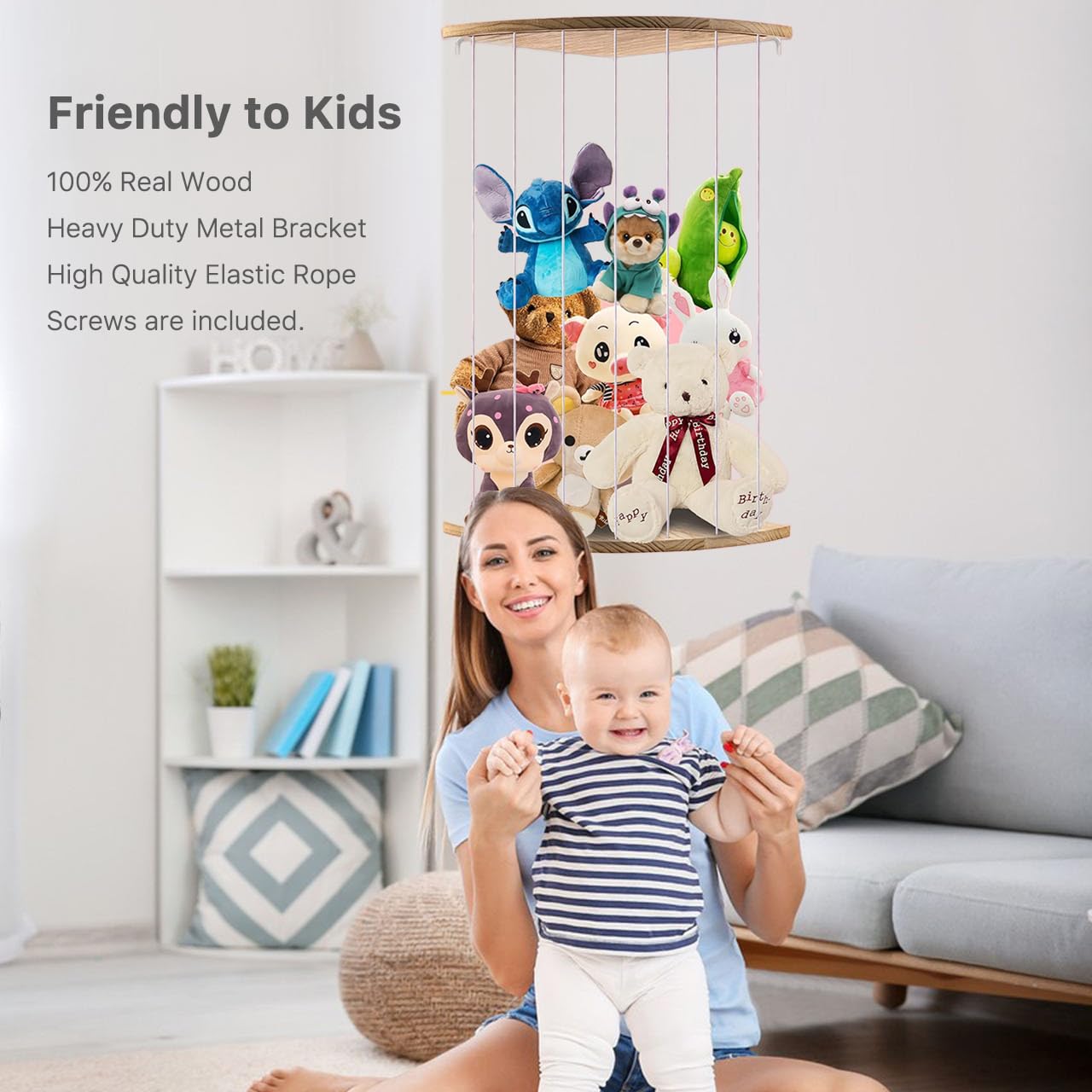 🧸🌿 Stuffed Animal Storage Wooden Corner Toy Shelf – Natural XL 🌿🧸