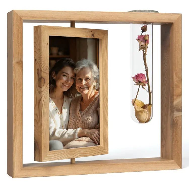 🌿📸 Rustic Wooden Rotating Double-Sided 4*6 Picture Frame with Glass Vase 📸🌿