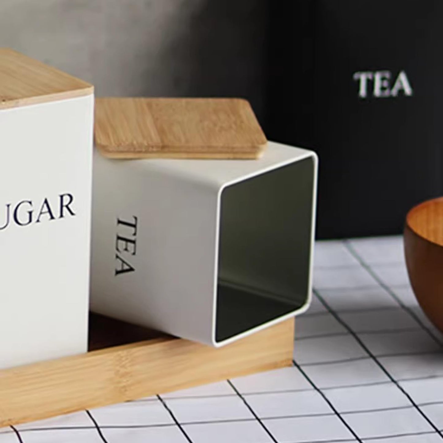 Tea Coffee Sugar Canisters Set With Bamboo Lids