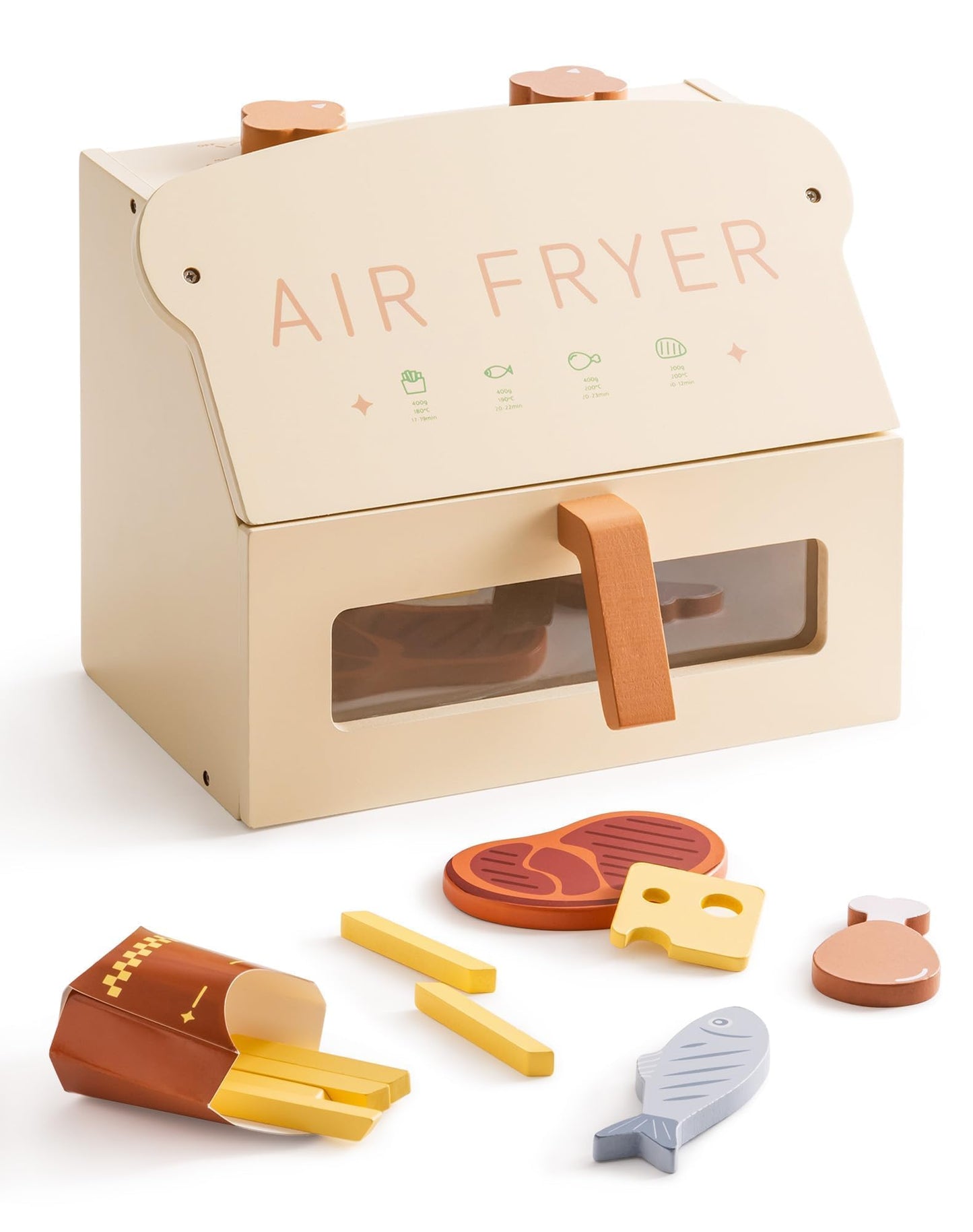 Wooden Play Kitchen Air Fryer Toy Set with Pretend Foods