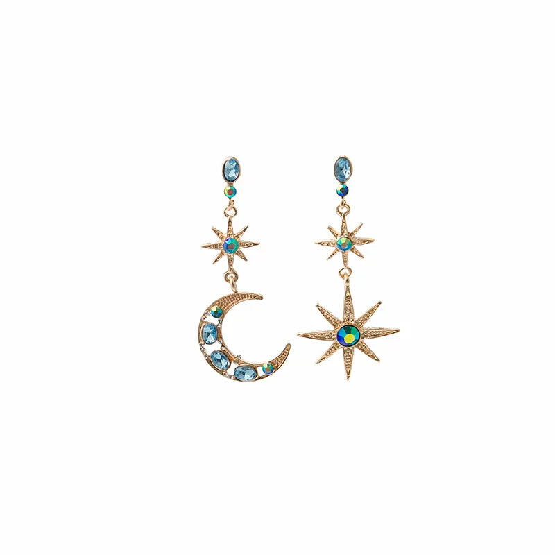 🌙💙 Retro Star & Moon Rhinestone Drop Earrings 💙🌙
