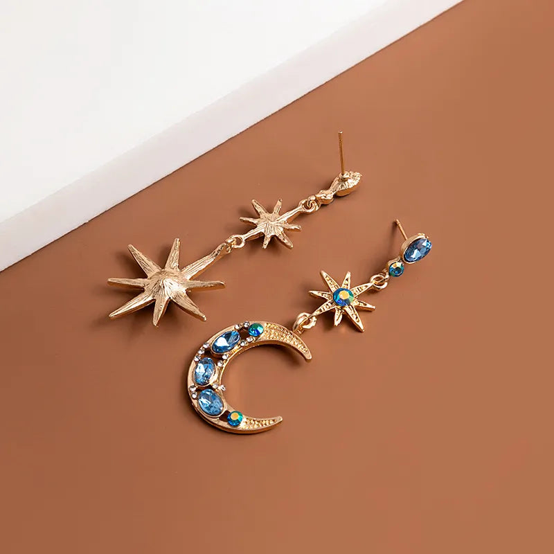 🌙💙 Retro Star & Moon Rhinestone Drop Earrings 💙🌙