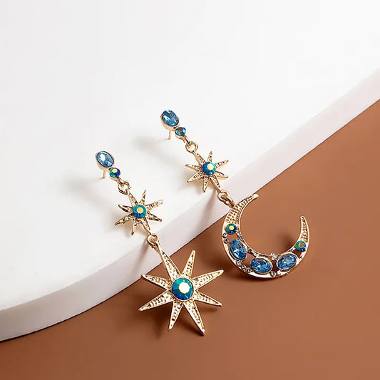 🌙💙 Retro Star & Moon Rhinestone Drop Earrings 💙🌙