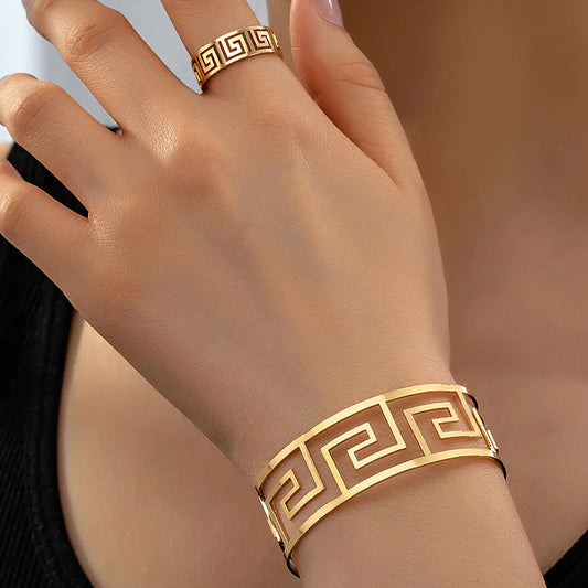 Vintage Style Geometric Ring & Bangle Set