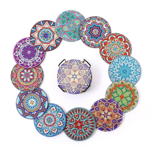 🌈 12pc Mandala Bohemian Style Diamond Painting Coaster Set with Stand - AA1132 🌈