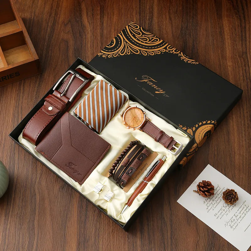 8-piece Set in Coffee Color (Belt + Wallet + Watch + Three Bracelets + Tie + Tie Clip + Cufflinks + Pen)|Gift Box
