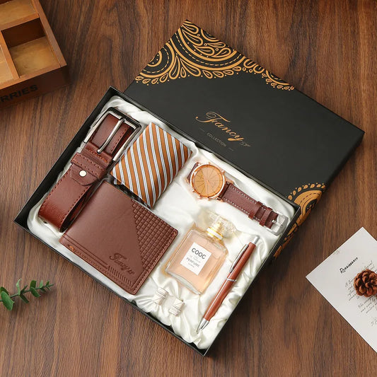 8-piece Set in Coffee Color (Watch + Belt + Wallet + Tie + Tie Clip + Cufflinks + Perfume + Pen)|Gift Box
