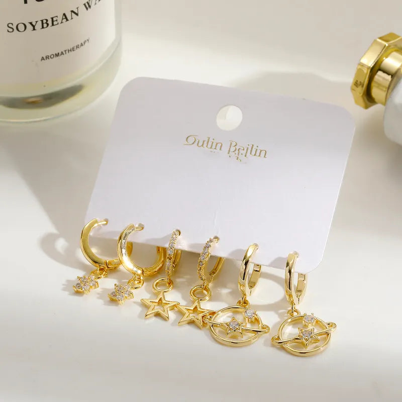 🌙💫 14k Gold Plated Star & Planet Earrings Set 💫🌙