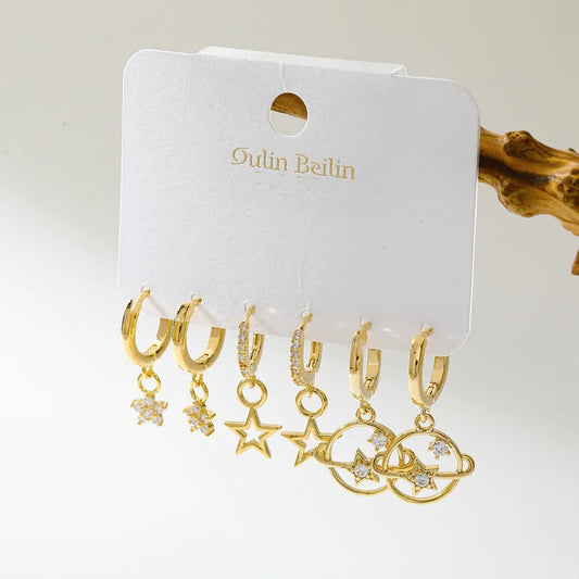 🌙💫 14k Gold Plated Star & Planet Earrings Set 💫🌙