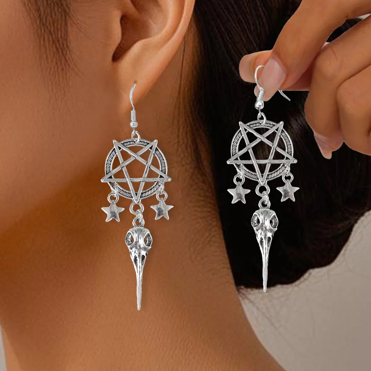 🖤 Gothic Pentagram & Bird Skull Tassel Earrings 🖤