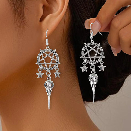 🖤 Gothic Pentagram & Bird Skull Tassel Earrings 🖤