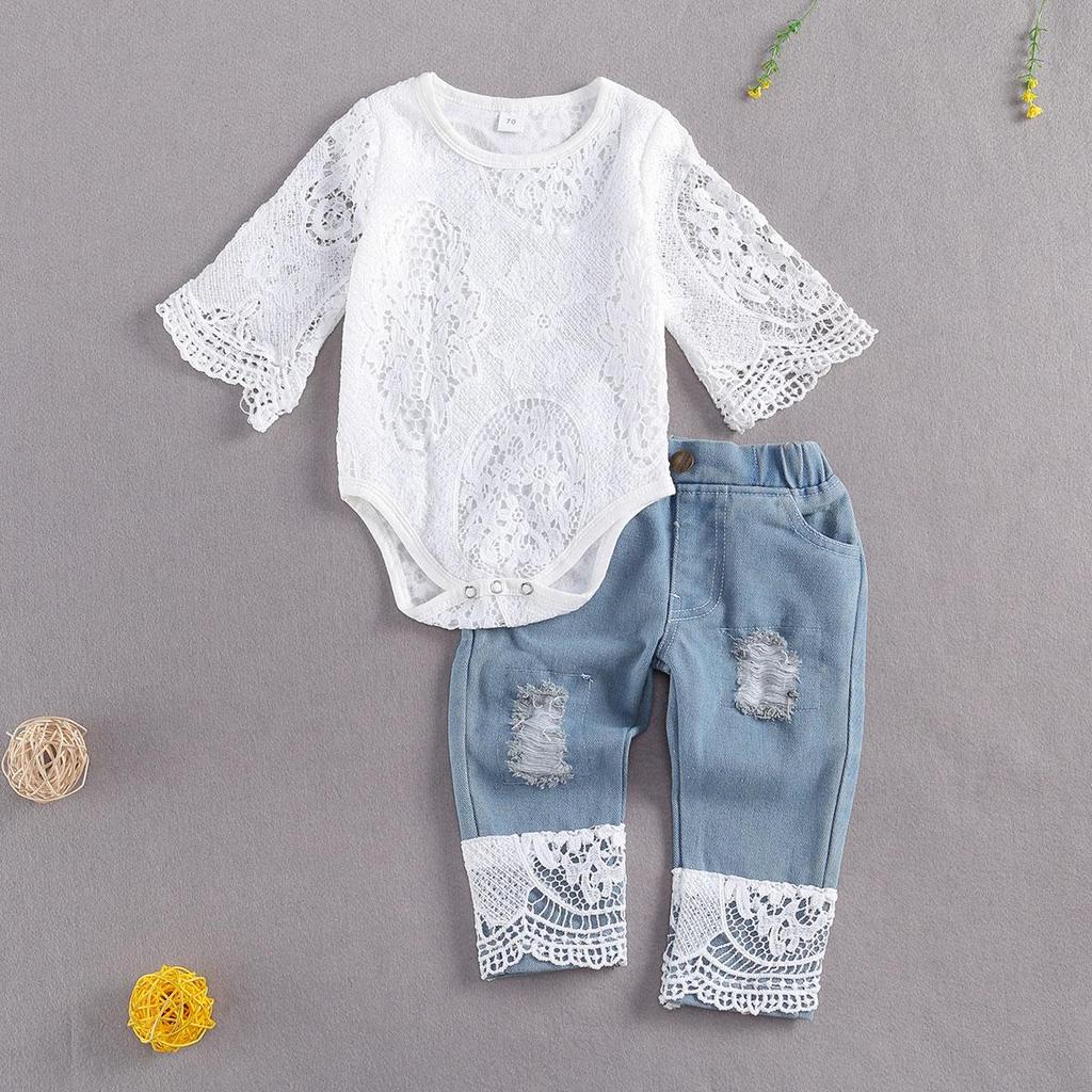 👶💖 2pc Outfit Lace Romper & Ripped Patchwork Jeans 💖👶