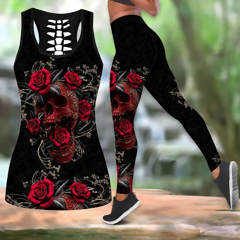 🖤 Gothic 2PC Leggings Co-Ord Sets - Black & Red Rose 🖤