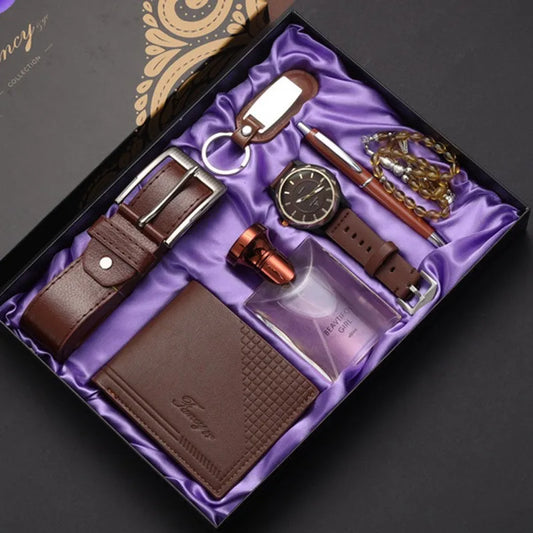 8-Piece Set Brown: Belt WALLET WATCH Perfume Beads Keychain Pen Exquisite Gift Box|Gift Box