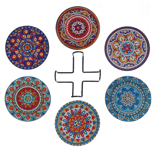 🌈 6pc Mandala Bohemian Style Diamond Painting Coaster Set with Stand - AA1061 🌈