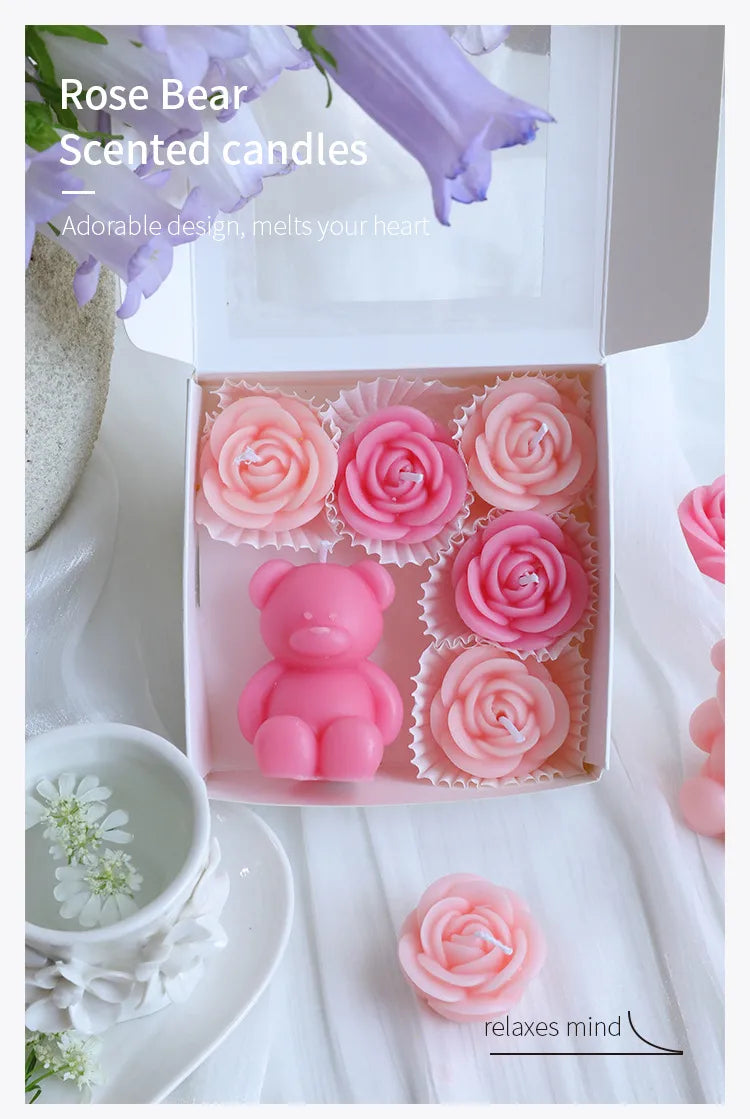 🕯️🐻 Romantic Bear & Flowers 3D Scented Candle Gift Set 🐻🕯️