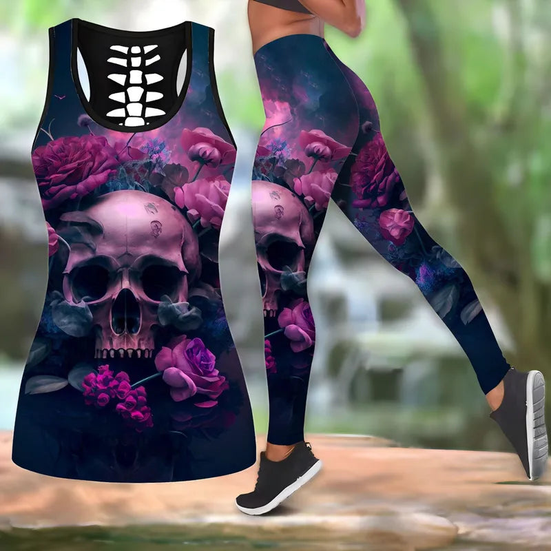 🖤🌙 Gothic 2PC Leggings Co-Ord Sets - Purple/Pink Rose 🌙🖤
