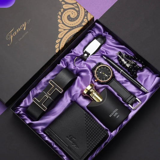 8-Piece Black: Belt WALLET WATCH Perfume Beads Keychain Pen Exquisite Gift Box|Gift Box