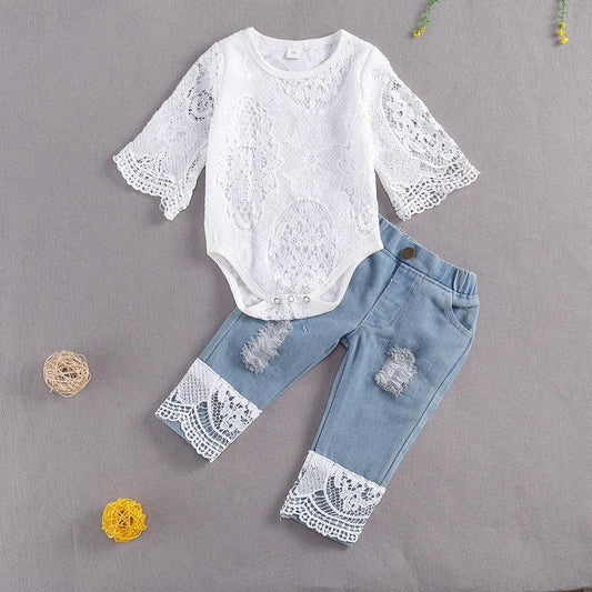 👶💖 2pc Outfit Lace Romper & Ripped Patchwork Jeans 💖👶