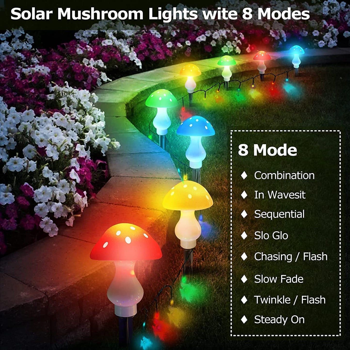Upgraded Outdoor Solar Garden Lights 8 Pack 50 LED Mushroom Fairy String Waterproof Landscape Decoration - Multicolour FS-DT222