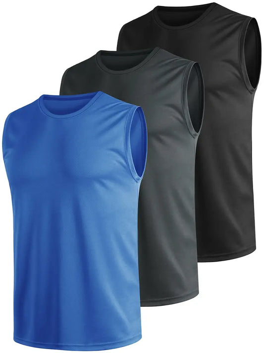 Teesmen 3-Pack Men's Gym Tank Tops - Quick Dry, Breathable, Multicolour - Size L