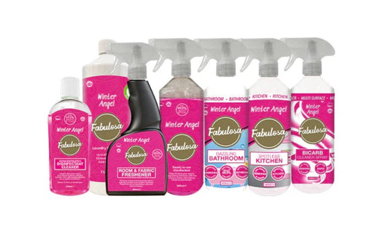 Winter Angel Household Cleaning Bundle, Bicarb Spray, Antibacterial Spray, Room & Fabric Freshener, Laundry Cleanser, Concentrated Disinfectant, Kitchen Spray, and Bathroom Spray