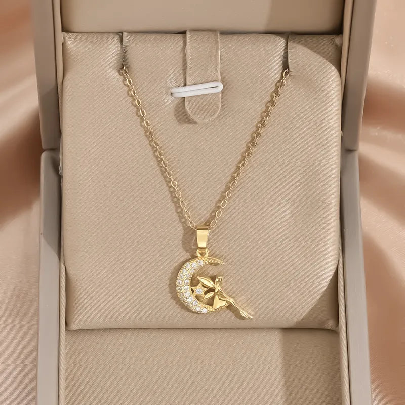 🌙 Gold Fairy on a Moon Pendant Necklace 🧚