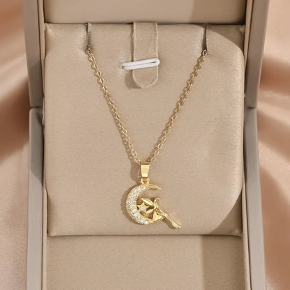 🌙 Gold Fairy on a Moon Pendant Necklace 🧚