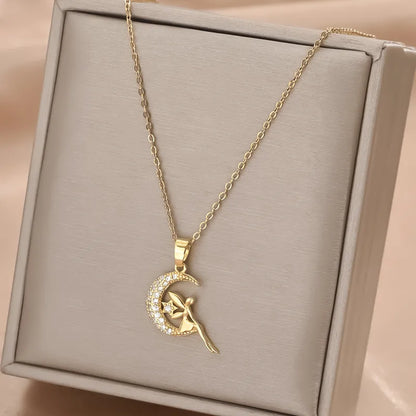 🌙 Gold Fairy on a Moon Pendant Necklace 🧚