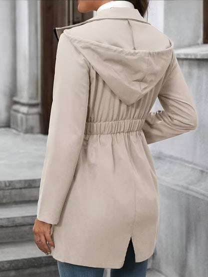 Elegant Hooded Drawstring Waist-Defining Trench Coat