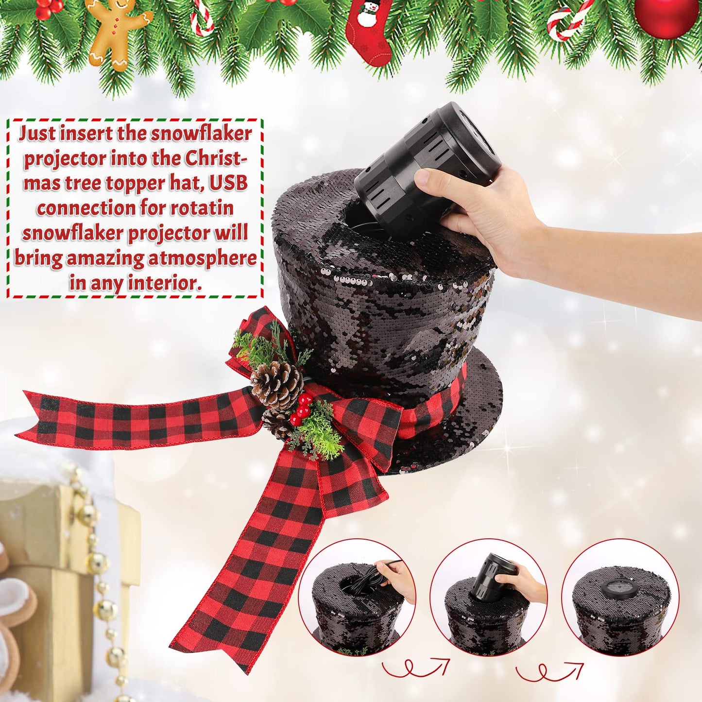 🎩❄ 3D LED Rotating Snowflake Projector Top Hat ❄🎩