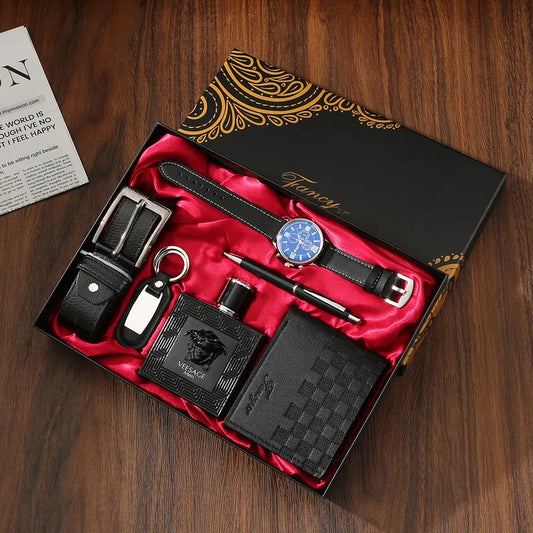 7-piece Set in Black: Watch + Leather Strap + Wallet + 100ml Perfume + Pen + Keychain + Exquisite Gift Box|Gift Box