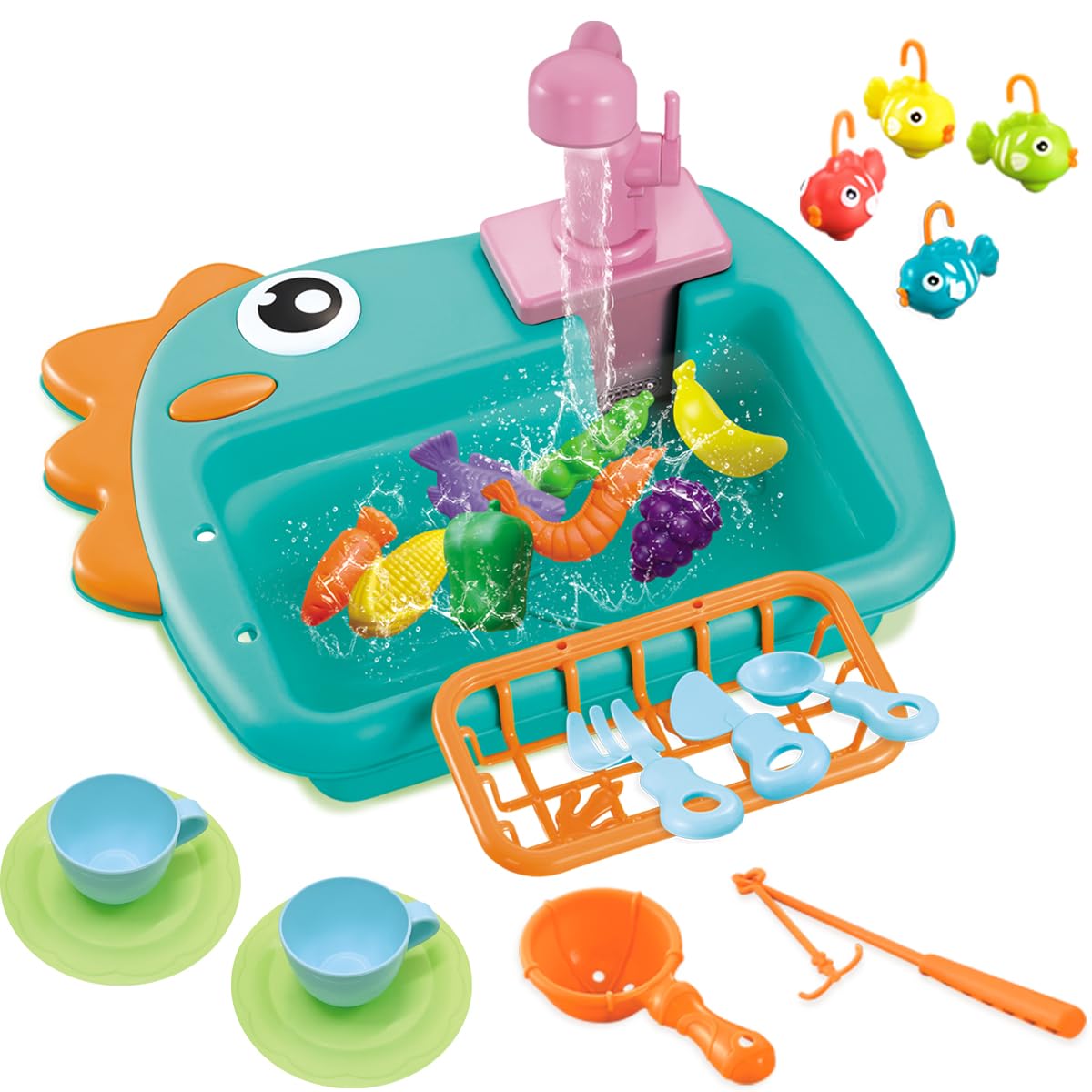 Kitchen Sink Toys with Running Water and Electric Faucet Automatic Water Cycle System