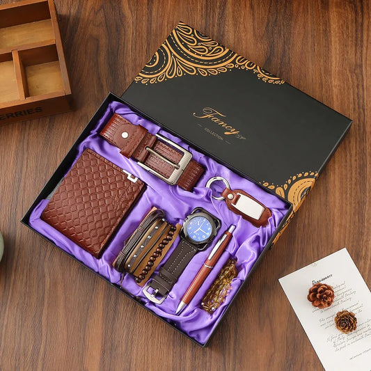 7-piece Set in Coffee Color (Belt + Wallet + Watch + Three Bracelets + Keychain + Pen + Rosary)|Gift Box