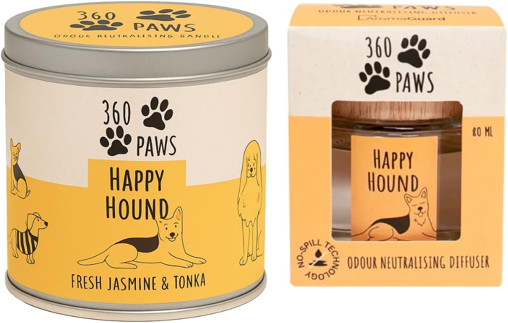 360 Paws Happy Hound Fresh Jasmine & Tonka Odour Neutralising Candle & Diffuser Set