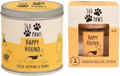 360 Paws Happy Hound Fresh Jasmine & Tonka Odour Neutralising Candle & Diffuser Set
