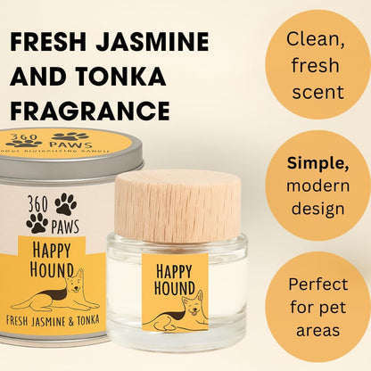 360 Paws Happy Hound Fresh Jasmine & Tonka Odour Neutralising Candle & Diffuser Set