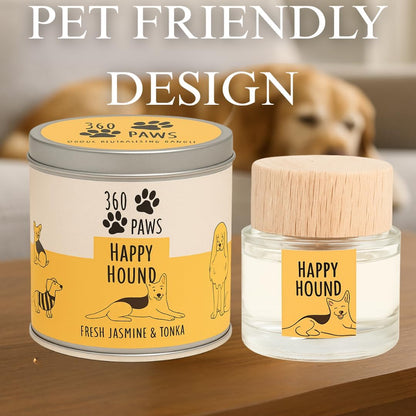 360 Paws Happy Hound Fresh Jasmine & Tonka Odour Neutralising Candle & Diffuser Set
